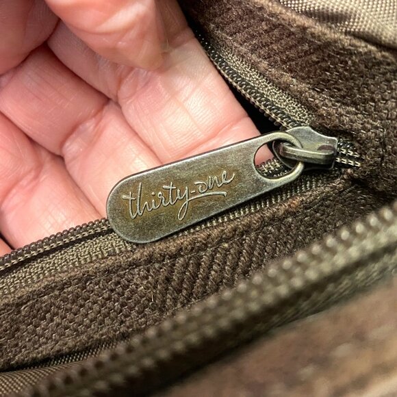 Thirty-One Brown Twill Canvas Simply Blessed Pink Embroidered Crossbody Bag - Picture 8 of 11